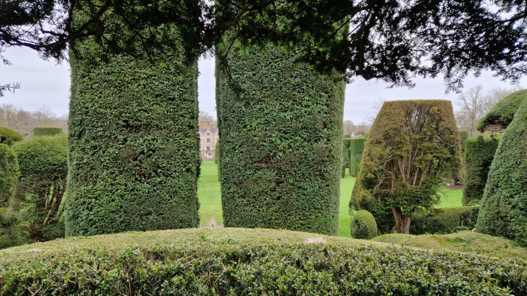Packwood House visible between the trees in the Yew Garden